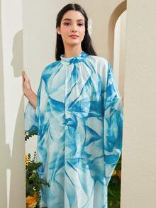 Al Najma Allover Print Batwing Sleeve Kaftan - Baby Blue - View 8