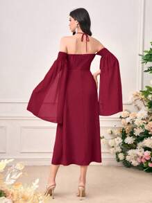 Modelyn Cold Shoulder Split Sleeve Halter Dress
