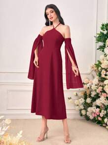 Modelyn Cold Shoulder Split Sleeve Halter Dress
