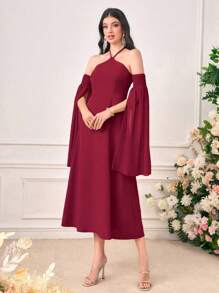 Modelyn Cold Shoulder Split Sleeve Halter Dress