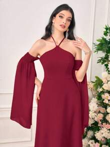 Modelyn Cold Shoulder Split Sleeve Halter Dress