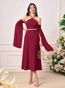 Modelyn Cold Shoulder Split Sleeve Halter Dress