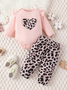 Baby Girl Heart Print Long Sleeve Pink Hoodie And Leopard Print Pants Set For Spring And Autumn