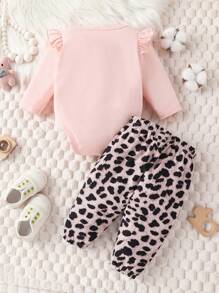 Baby Girl Heart Print Long Sleeve Pink Hoodie And Leopard Print Pants Set For Spring And Autumn