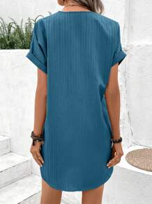 EMERY ROSE Chất rắn Chi tiết Nút tay cánh Đầm Tunic - Màu xanh lam - Xem 2