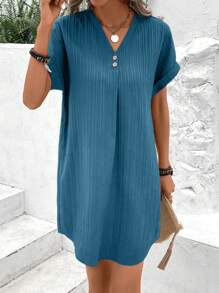 EMERY ROSE Chất rắn Chi tiết Nút tay cánh Đầm Tunic - Màu xanh lam - Xem 3