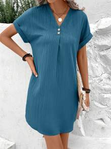 EMERY ROSE Chất rắn Chi tiết Nút tay cánh Đầm Tunic - Màu xanh lam - Xem 6