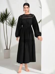 Modelyn Solid Lantern Sleeve Ruffle Hem Dress - Black - View 1