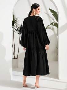 Modelyn Solid Lantern Sleeve Ruffle Hem Dress - Black - View 2