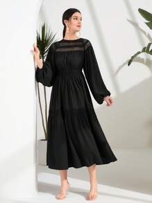 Modelyn Solid Lantern Sleeve Ruffle Hem Dress - Black - View 3
