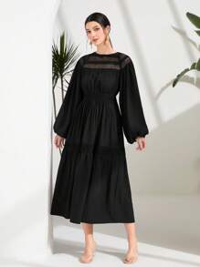 Modelyn Solid Lantern Sleeve Ruffle Hem Dress - Black - View 4