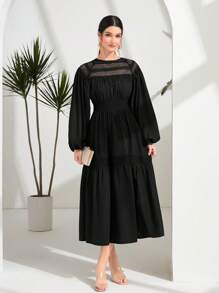 Modelyn Solid Lantern Sleeve Ruffle Hem Dress - Black - View 5