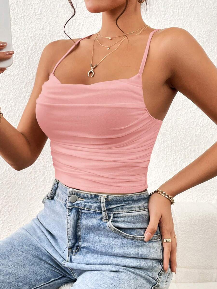 SHEIN Essnce Top de tirantes unicolor fruncido de malla - Rosa coral - Ver 1