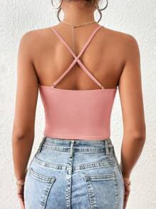 SHEIN Essnce Top de tirantes unicolor fruncido de malla - Rosa coral - Ver 2