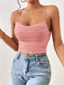 SHEIN Essnce Top de tirantes unicolor fruncido de malla - Rosa coral - Ver 5