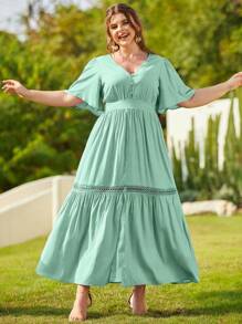 S BETRO Plus Butterfly Sleeve Guipure Lace Insert Ruffle Hem Dress - Mint Green - View 1