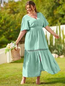 S BETRO Plus Butterfly Sleeve Guipure Lace Insert Ruffle Hem Dress - Mint Green - View 4