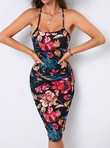 SHEIN Privé 印花交叉露背吊帶連衣裙 - 彩色 - 查看 2