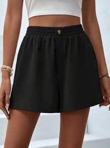 SHEIN VCAY Cao eo Chi tiết Nút Quần short chân rộng - màu đen - Xem 3