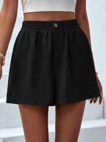 SHEIN VCAY Cao eo Chi tiết Nút Quần short chân rộng - màu đen - Xem 4