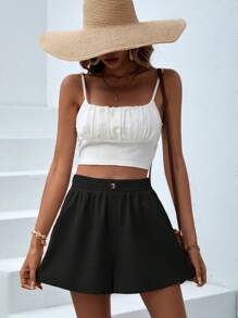 SHEIN VCAY Cao eo Chi tiết Nút Quần short chân rộng - màu đen - Xem 5