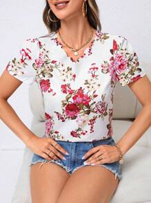 SHEIN Privé Floral Print V Neck Blouse - White - View 1