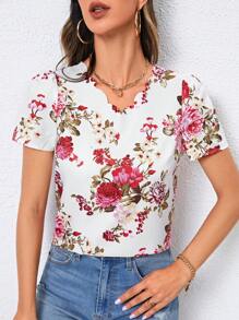 SHEIN Privé Floral Print V Neck Blouse - White - View 3