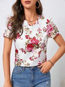SHEIN Privé Floral Print V Neck Blouse - White - View 4
