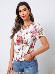 SHEIN Privé Floral Print V Neck Blouse - White - View 6