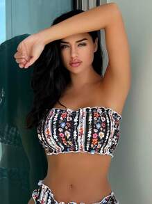 印花打褶抹胸比基尼上衣 - 彩色 - 查看 1
