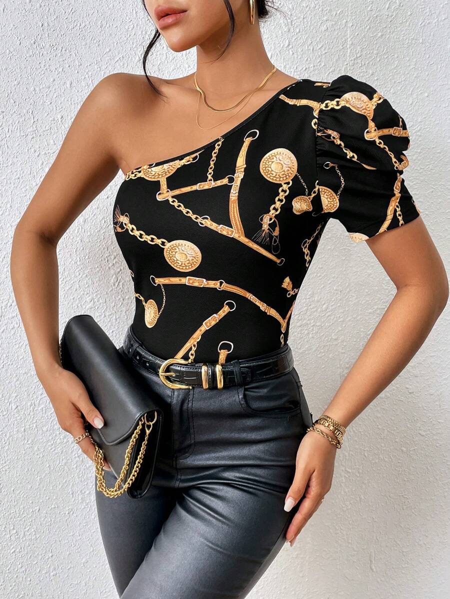 SHEIN Privé 錬條圖案單肩泡泡袖T恤 - 黑色 - 查看 1