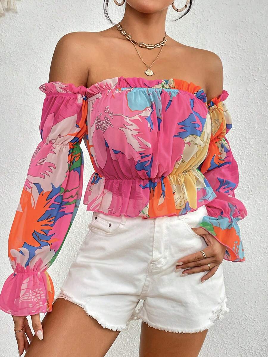 SHEIN VCAY Floral Print Off Shoulder Flounce Sleeve Peplum Blouse