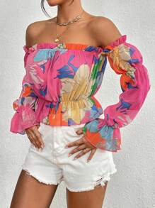 SHEIN VCAY Floral Print Off Shoulder Flounce Sleeve Peplum Blouse