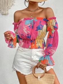 SHEIN VCAY Floral Print Off Shoulder Flounce Sleeve Peplum Blouse