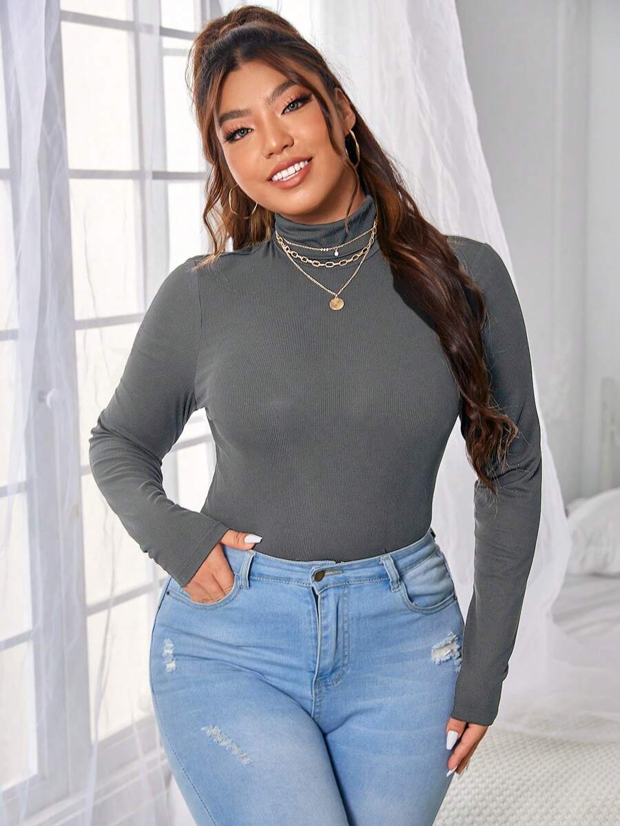 SHEIN Essnce 大碼素色高領T恤 - 深灰色 - 查看 1