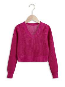 SHEIN Tween Girl Drop Shoulder Ribbed Knit Sweater - Hot Pink - View 1