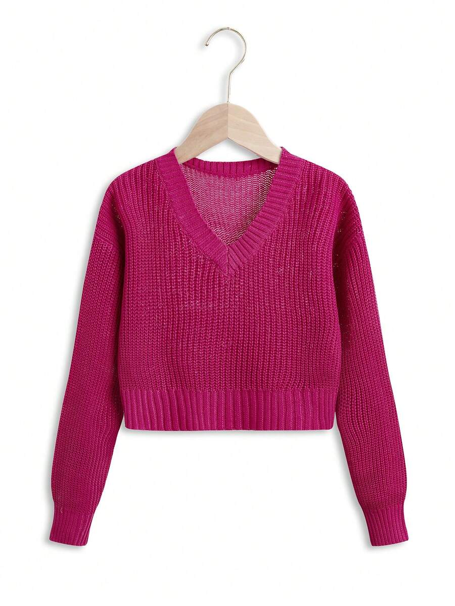 SHEIN Tween Girl Drop Shoulder Ribbed Knit Sweater - Hot Pink - View 1