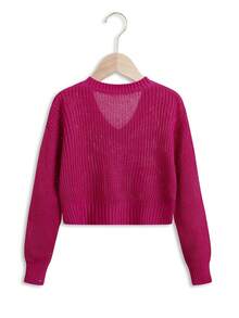SHEIN Tween Girl Drop Shoulder Ribbed Knit Sweater - Hot Pink - View 2