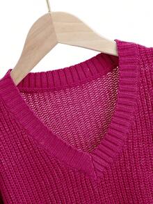 SHEIN Tween Girl Drop Shoulder Ribbed Knit Sweater - Hot Pink - View 3