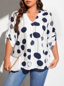 SHEIN LUNE Plus Polka Dot Print Roll Tab Sleeve Blouse