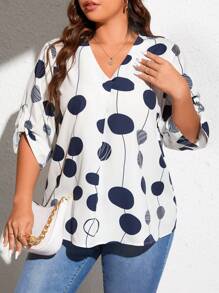 SHEIN LUNE Plus Polka Dot Print Roll Tab Sleeve Blouse