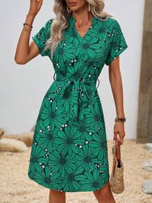 SHEIN Clasi Đầm Thắt lưng Hoa Tất cả trên in Boho - màu xanh lá - Xem 1