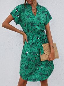 SHEIN Clasi Đầm Thắt lưng Hoa Tất cả trên in Boho - màu xanh lá - Xem 4