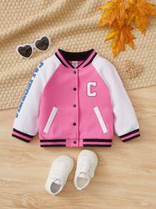 SHEIN Baby Girl Letter Graphic Raglan Sleeve Varsity Jacket - Multicolor - View 1