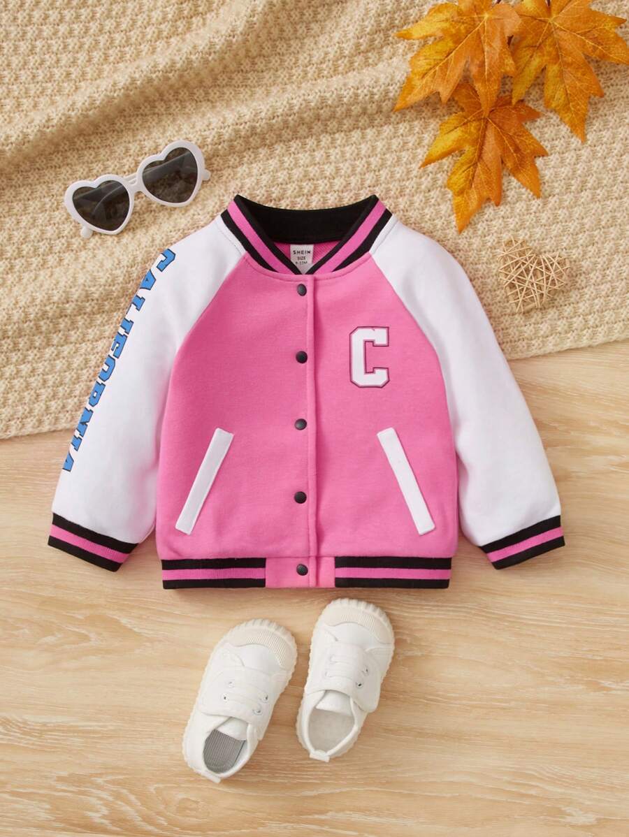 SHEIN Baby Girl Letter Graphic Raglan Sleeve Varsity Jacket - Multicolor - View 1