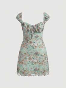 SHEIN MOD Floral Print Ruched Bust Tie Front Lettuce Trim Dress - Mint Green - View 1