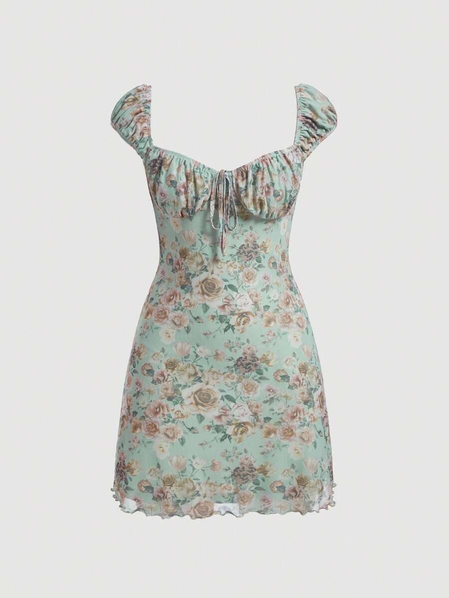 SHEIN MOD Floral Print Ruched Bust Tie Front Lettuce Trim Dress - Mint Green - View 1