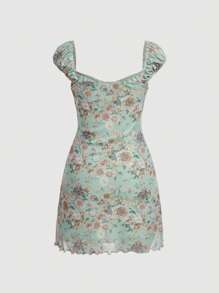 SHEIN MOD Floral Print Ruched Bust Tie Front Lettuce Trim Dress - Mint Green - View 2