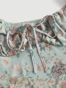 SHEIN MOD Floral Print Ruched Bust Tie Front Lettuce Trim Dress - Mint Green - View 4