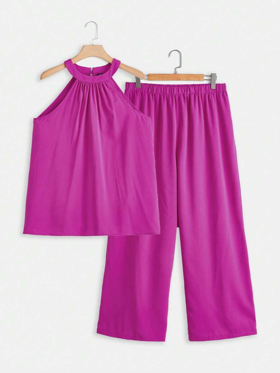 SHEIN Clasi Bộ thời trang Plus Size Nút viền lá sen màu trơn Giải trí - Màu Hồng Tươi - Xem 1